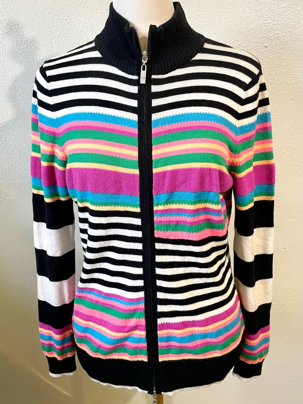 Neve Multicolor Striped Zip Sweater Cardigan Mock Neck Wool Blend Colorblock